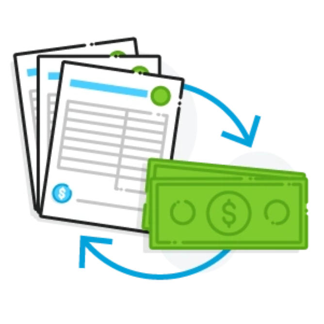 accounts receivable financing graphic of three invoices with circular arrows to and from dollar bills