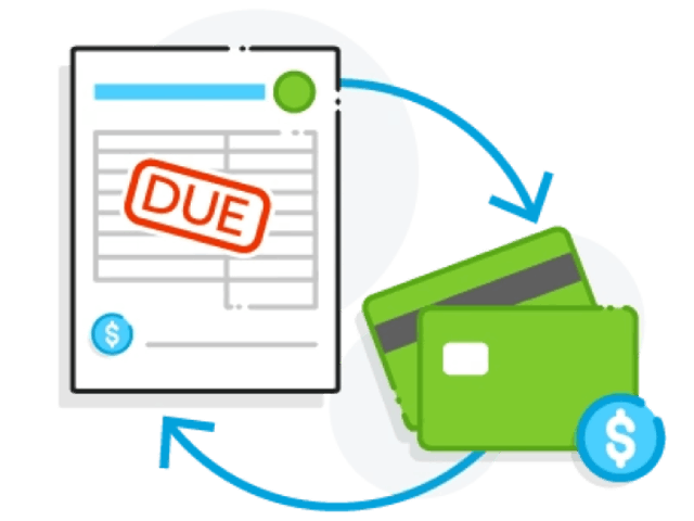 Invoice factoring company graphic of invoice stamped due with circular arrows pointing to and from credit cards with dollar symbol