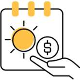 graphic showing a sun on a calendar page, with dollar sign symbol in the palm of a hand