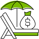 graphic of money bag set on top of a reclined pool chair, with open umbrella