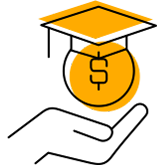 graphic of dollar sign icon with graduation cap, above the palm of a hand