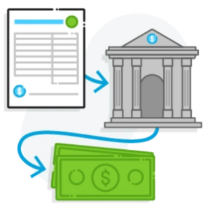 graphic of invoice with arrow pointing to bank and arrow from bank to cash