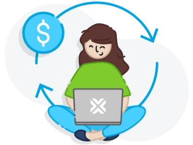 Graphic of a cartoon woman working on a laptop with a dollar sign bubble above her